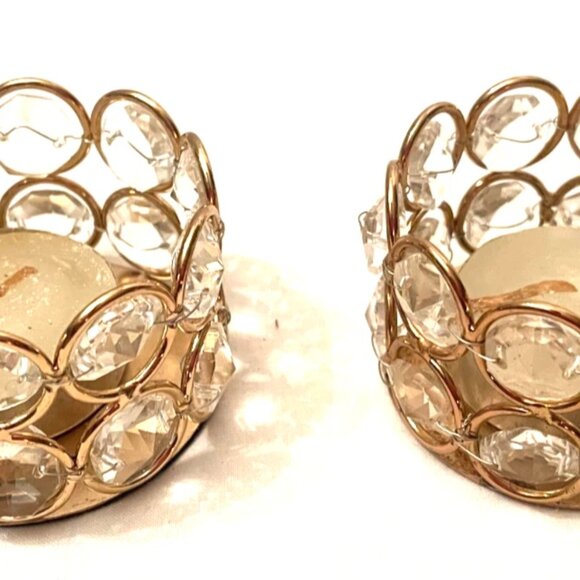 2 Tea Light Candle Holders Acrylic Beads Gold tone Metal 2 1/2" x 1 3/4" - Picture 1 of 5